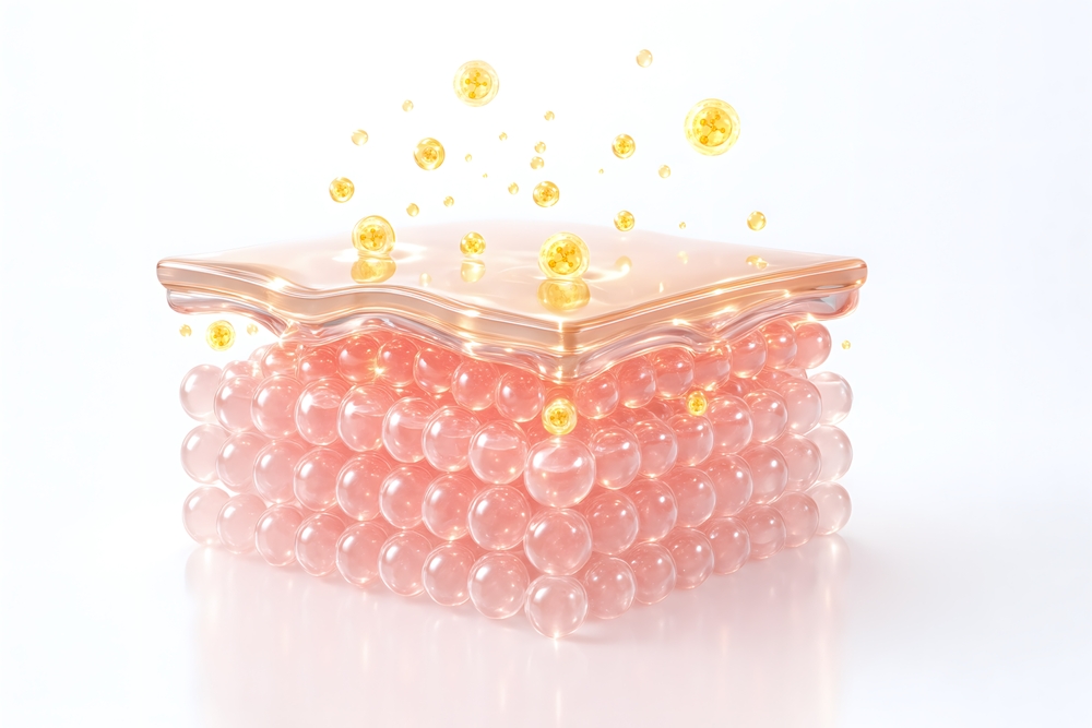 3D illustration of skin cell layers absorbing nutrient molecules - the transdermal nutrition science behind Keystone Aesthetics & Wellness in Ada, MI